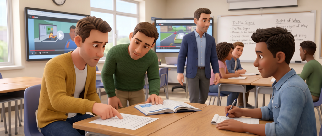 Activities A group of animated students collaborating at a desk in a classroom setting.